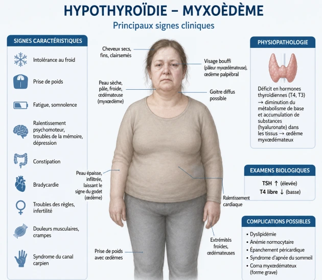 Signes cliniques et biologiques d'hypothyroïdie, myxœdème Signes cliniques et biologiques d'hypothyroïdie, myxœdème