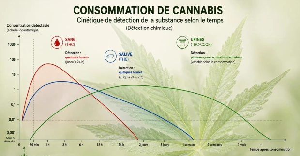 Courbe cinétique de detection du cannabis dans l'organisme selon le temps