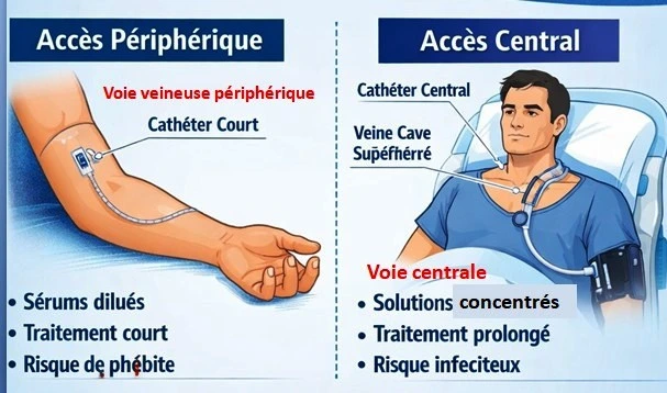 Voie veineuse périphérique vs voie veineuse centrale