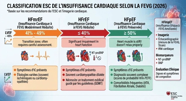Classification ESC 2026 de l’insuffisance cardiaque selon la fraction d’éjection ventriculaire gauche Classification ESC 2026 de l’insuffisance cardiaque selon la fraction d’éjection ventriculaire gauche