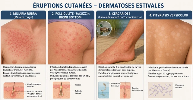 Dermatoses estivales fréquentes, description des signes cutanés
