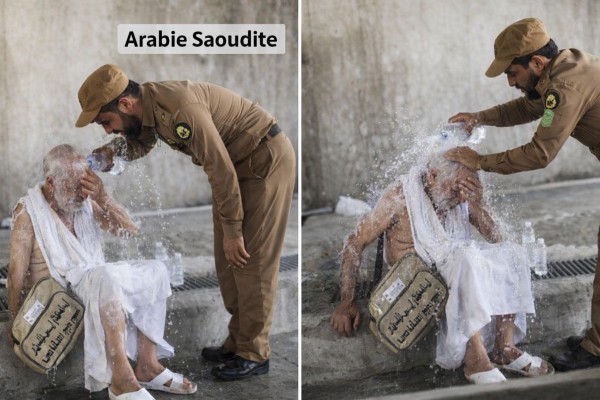 Coup de soleil sujet âgé aspergé par l'eau froide