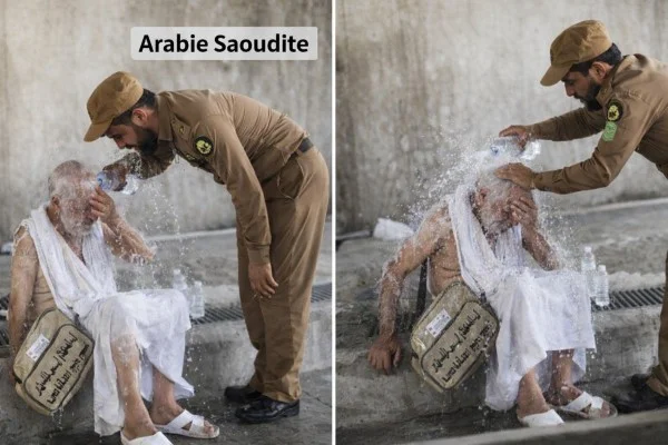 Coup de soleil sujet âgé aspergé par l'eau froide