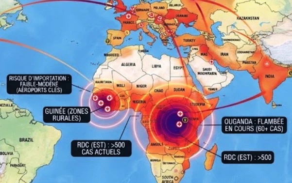 Carte épidémiologie épidémiologie virus Ebola 2026, signes cliniques