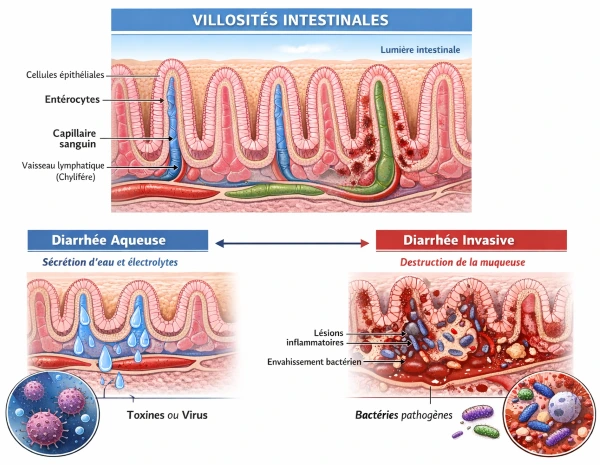 Diarrhées infectieuses, lésions épithéliales invasives vs aqueuses Diarrhées infectieuses, lésions épithéliales invasives vs aqueuses