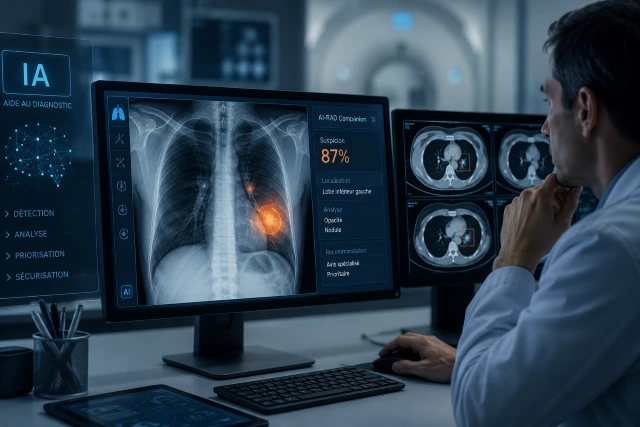 Médecin utilisant un système d’intelligence artificielle pour l’analyse d’images radiologiques. Illustration générée par IA (OpenAI). Médecin utilisant un système d’intelligence artificielle pour l’analyse d’images radiologiques.